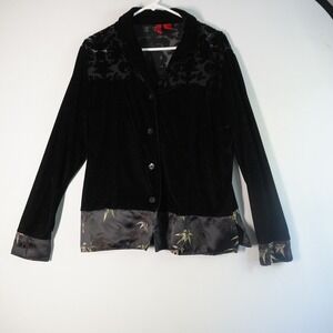 Vtg Velvet Burnout Button Up Blouse Black Floral‎ Trim L Witchy Sheer Whimsigoth